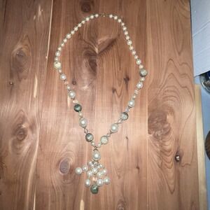 Vintage Pearl Crystal Bead Filigree Silver Tone Tassel Necklace Showgirl